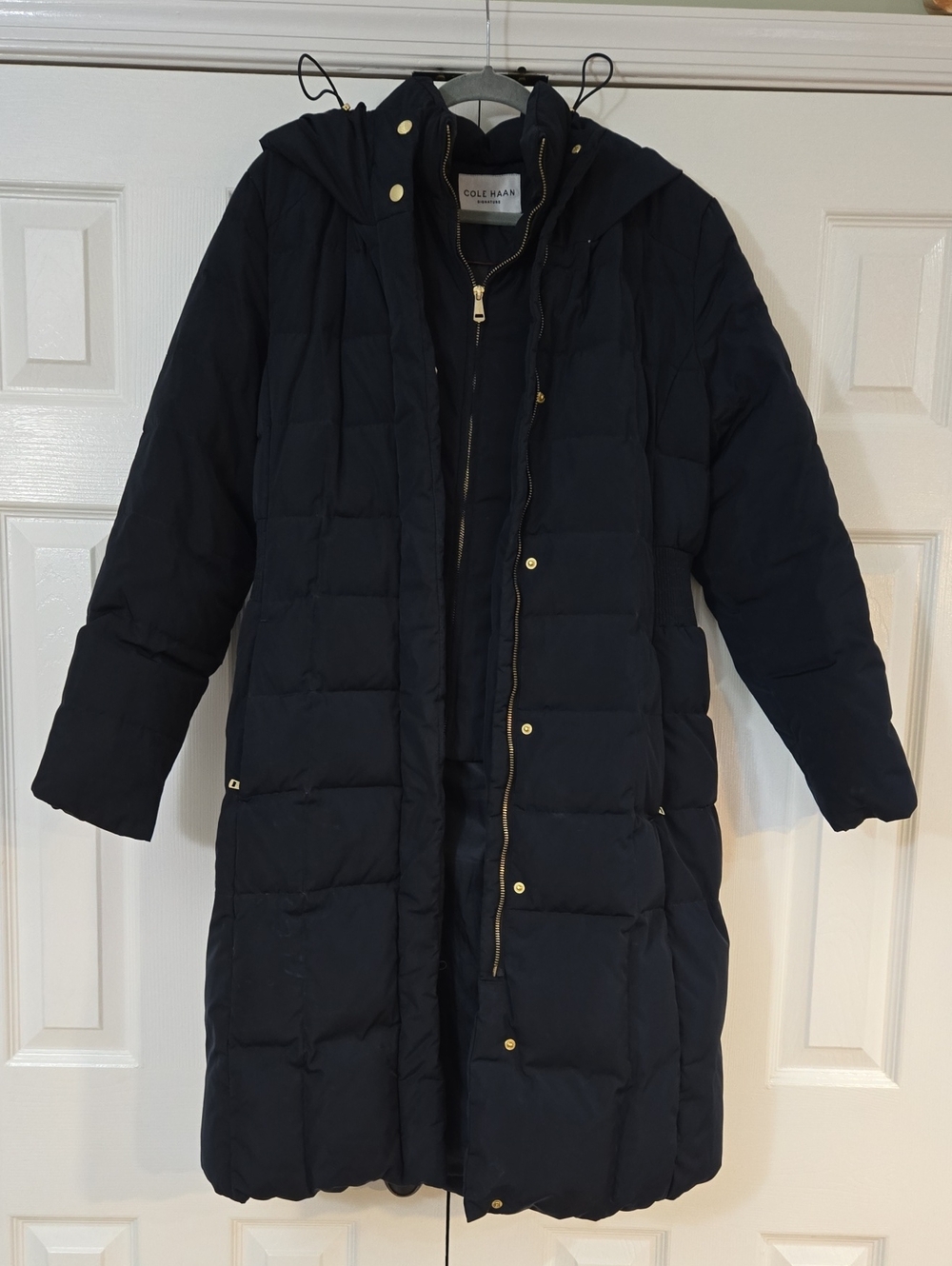 Cole Haan Navy Quilted Long Puffer Coat with Hood
